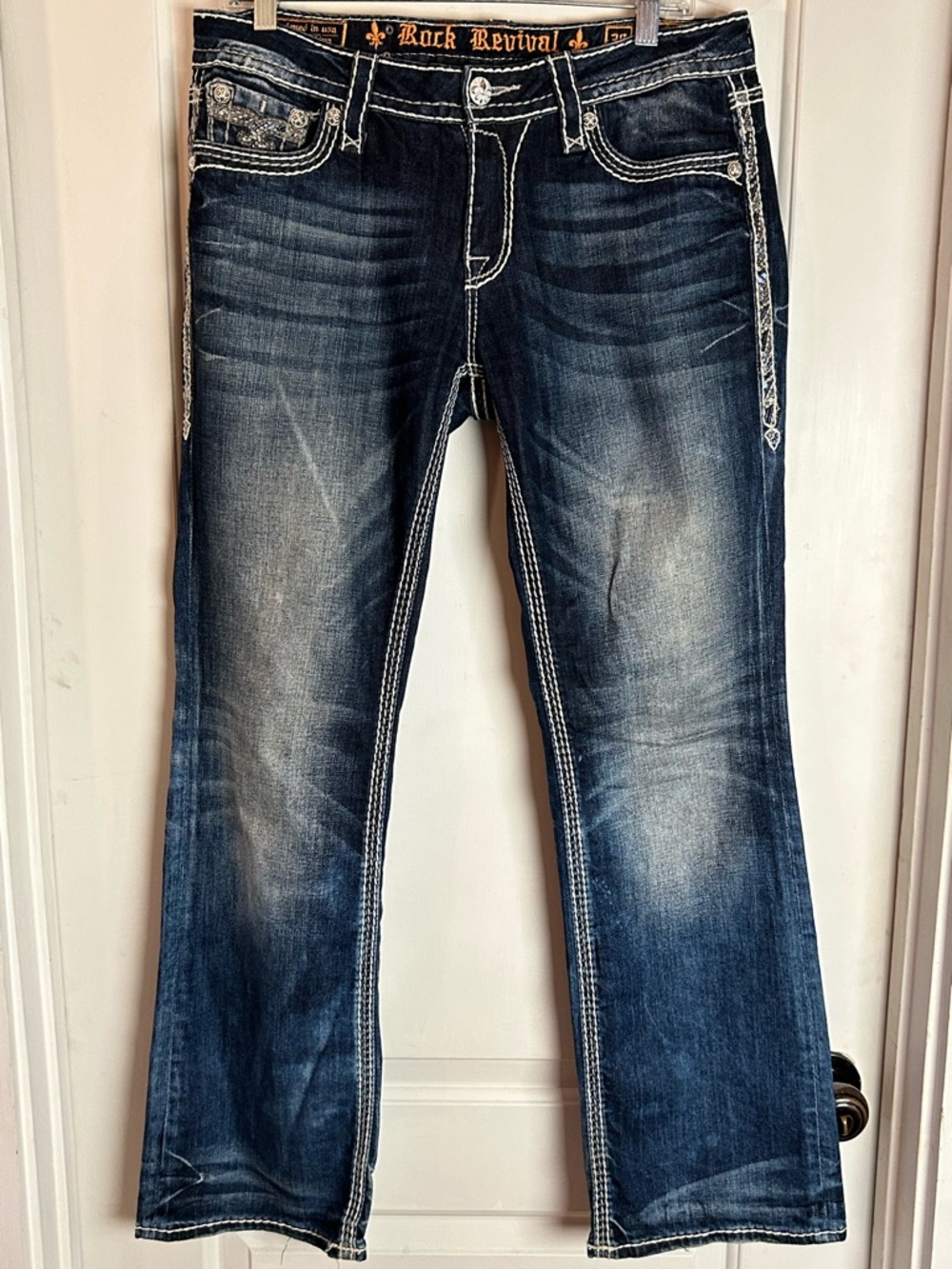 Rock Revival Women's Ginger Easy Boot Mid-Rise Jeans Distressed Dark Blue